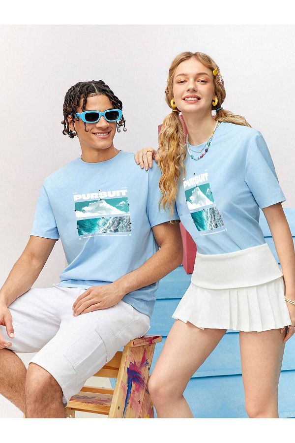 DogFish Baby Blue Pursuit Printed Lover T Shirt Combination Couple Trendyol