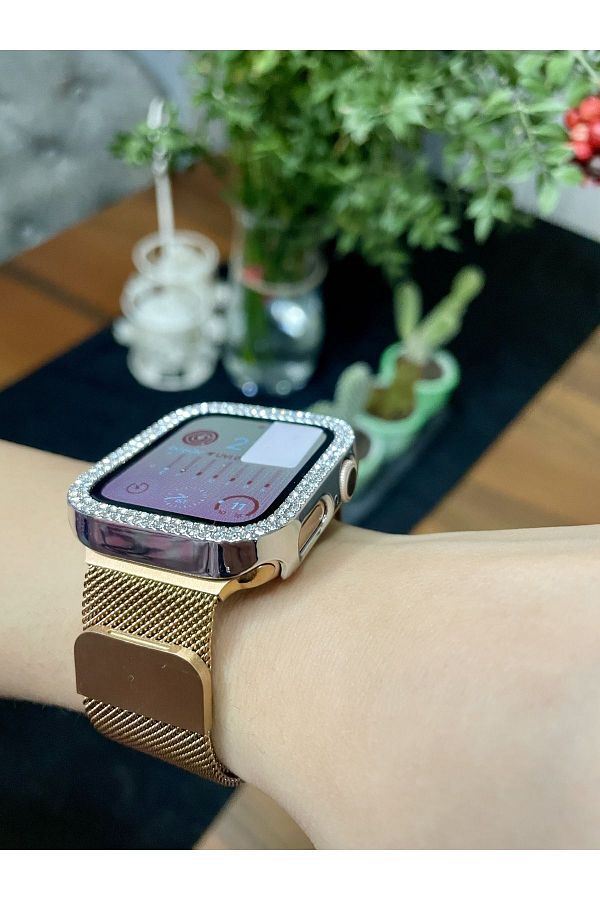 BYDC Apple Watch 38 mm Compatible Luxury Jewelled 360 Protection Case Screen Protector Trendyol