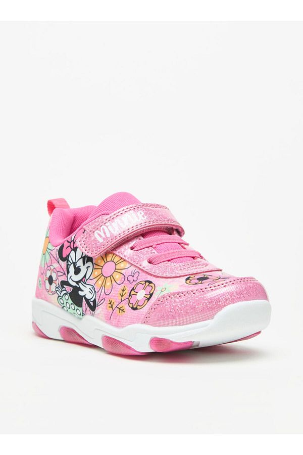 D SNEY Minnie Mouse Glitter Print Light Up Sneakers with Hook and Loop Closure Trendyol