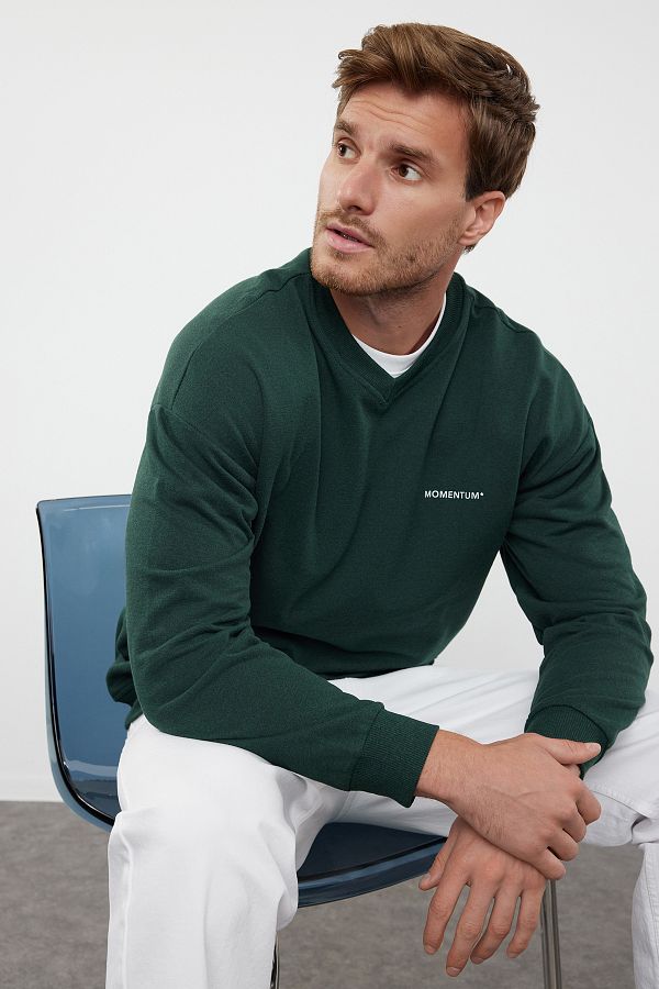 Trendyol Collection Unisex Emerald Green Fleece V Neck Sweatshirt Oversize Cut Tmnaw25Sw00157 Trendyol