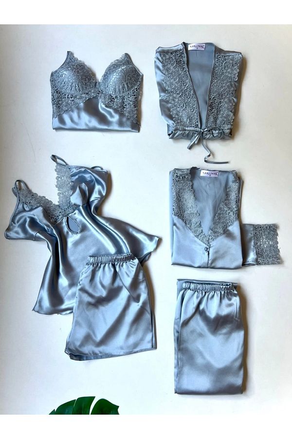 KARLİNAX-6-Piece Satin Nightdress and Dressing Gown Set - Mist Guipure Detailed 1