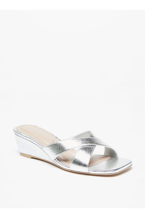 Flora Bella by Shoexpress-Metallic Slip-On Cross Slide Sandals with Wedge Heels 1