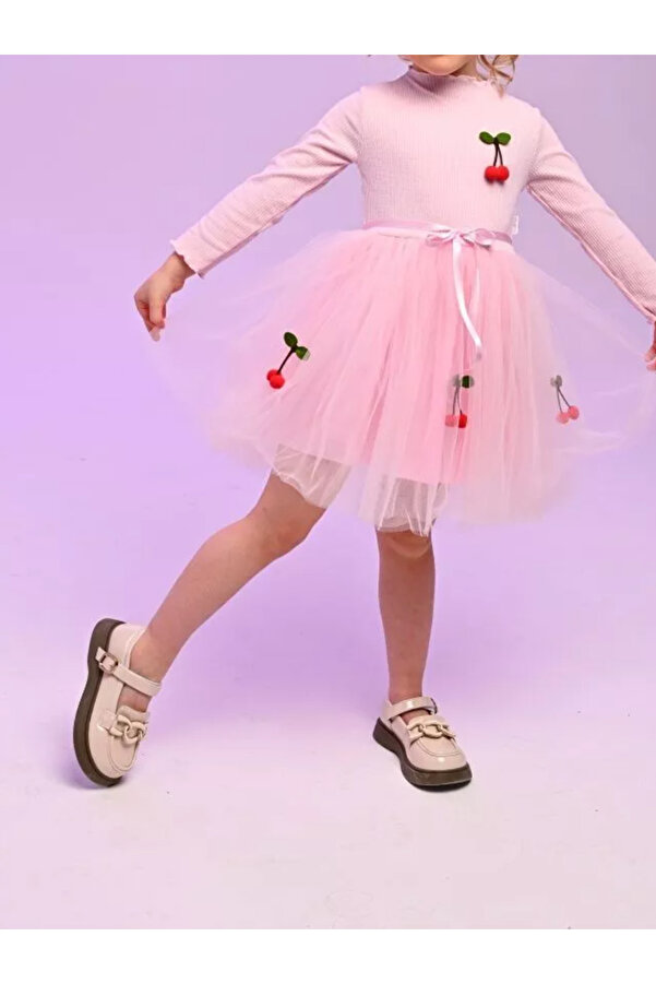 Fenomen Kids Kirazlı Tütülü Elbise Uzun Kollu