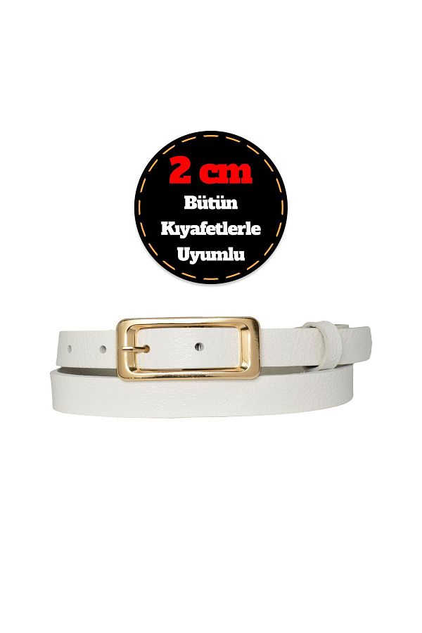 GoDeri-100% Genuine Leather, Gold Color Buckle Thin 2 cm Milk White Women's Belt; Dress, Pants Belt_dikd 1