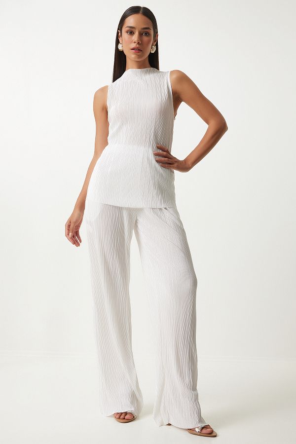 Happiness İstanbul-Weißes Plissee-Palazzo-Hosen-Set - Ärmellose Strickbluse FN03192 1