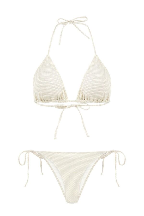 AQUELLA-Ecru Triangle Bikini Set - Textured and Glittery Drawstring 1