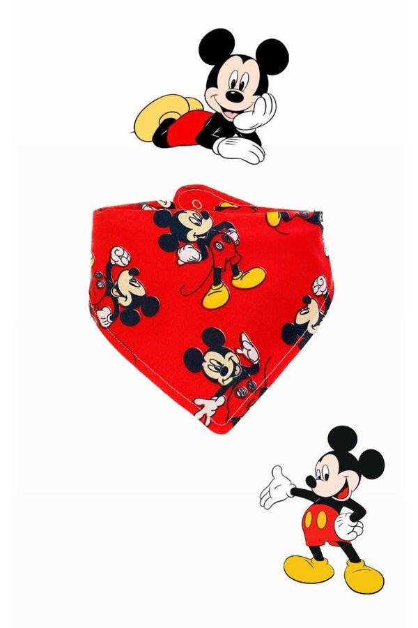 Lumos Trade Bebek %100 Pamuk Çift Katlı Kırmız Renk Mickey Mouse Desenli Fular Mama Önlüğü - Salya Önlüğü