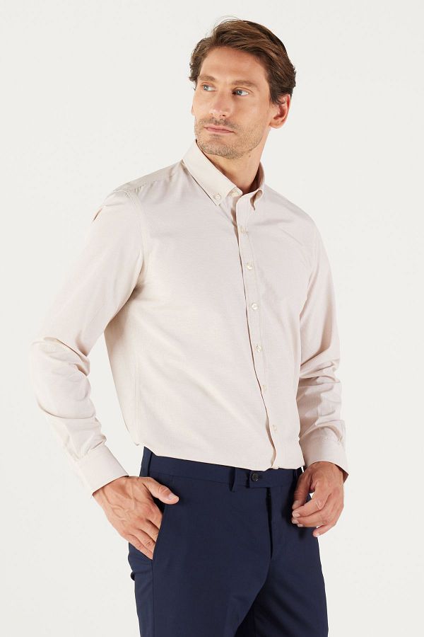 AC&Co / Altınyıldız Classics-Pánská béžová Slim Fit úzký střih Oxford Button Collar Gingham Cotton Shirt 1