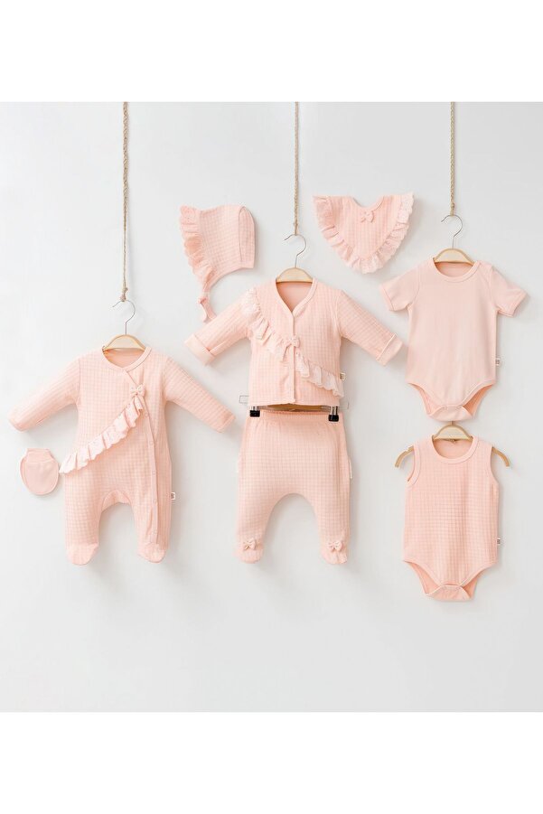 Rise Raba Kız Bebek %100 Pamuklu 8'li Yenidoğan Takım Body Atlet Şapka Eldiven Önlük Tulum Takım 0-3 Aylık