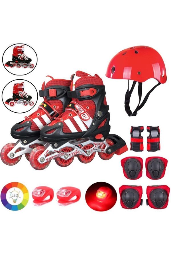 Depomiks Avm-Red Luminous Wheel Adjustable Children's Exercise Skating 2 Function Flashing Helmet Knee Pad Set 1