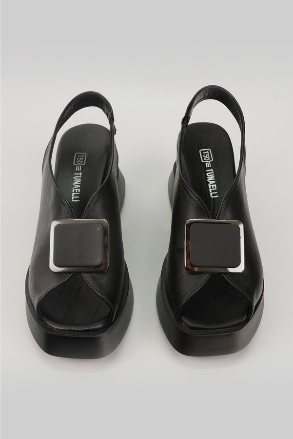 TUNAELLİ Women's Black Genuine Natural Leather Sandals
