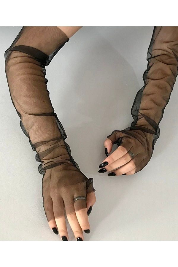ZAMAN-Rochie de seara lunga din tul neagra Manusi fara degete 1
