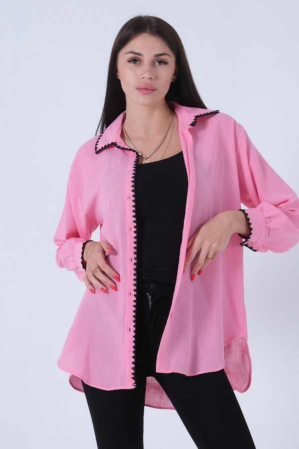 Feminist-Guler Manșetă Plachetă față Broderie Detaliată Tunica Roz3972952 1