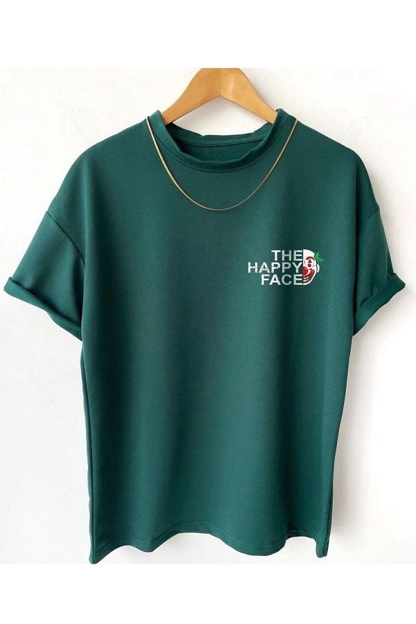 HIRSCH-Unisex Oversize Green Crew Neck The Happy Face Printed T-shirt 1