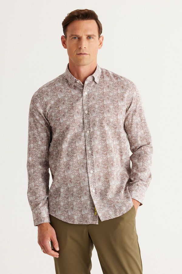 AC&Co / Altınyıldız Classics-Pánská hnědá bavlněná košile Slim Fit Slim Fit se skrytým límečkem 1