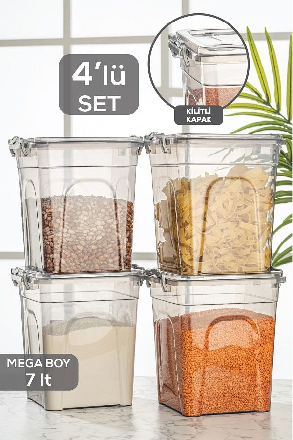 Meleni Home-4-Piece Mega Size Lockable Lid Flour and Bowl Storage Container - Erzak Container - Pantry Material Box 4x7 Lt 1