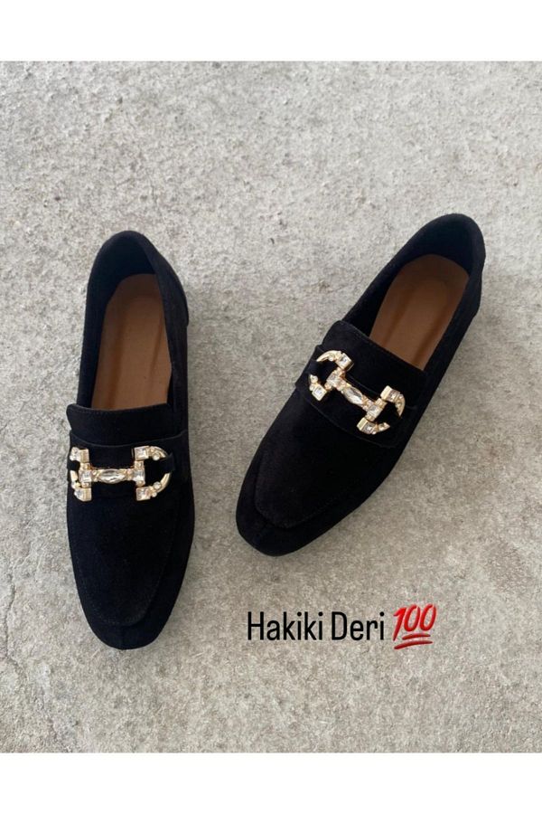 FUNDA AKIN Mi Luz Genuine Leather Suede Jewelled Buckle Black Loafer Moccasin Shoes Trendyol