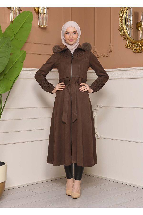 Modamix Women s trench coat suede plisse moving hood 1316 Trendyol