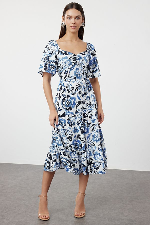 Trendyol Collection-A-line синя миди рокля с флорален принт и балонени ръкави - TWOSS20EL2323 1