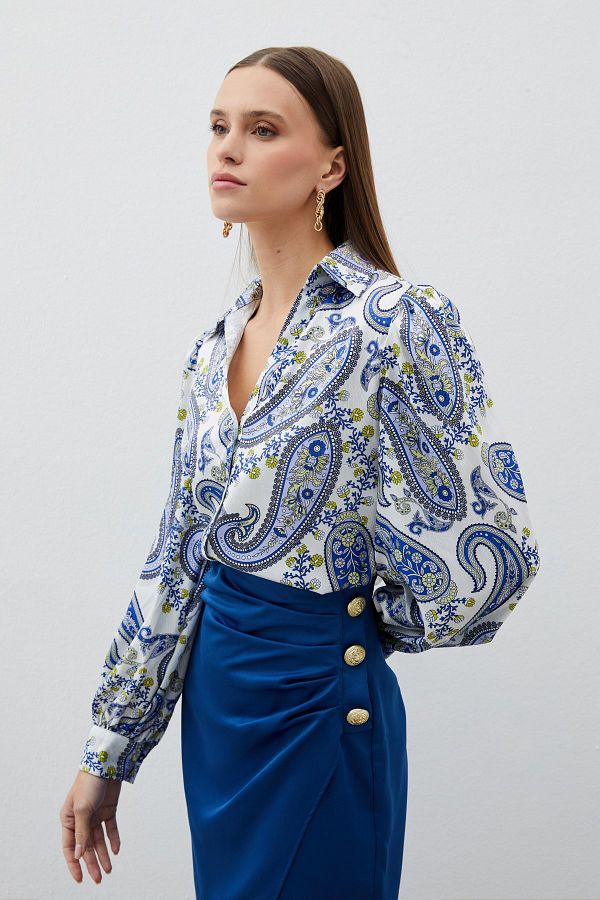Sateen-SAX BLUE Fluffy Sleeve Patterned Shirt 1