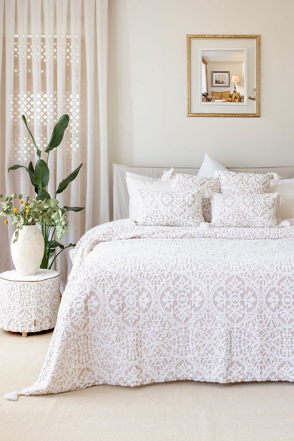 HAMUR-Beige Bohemian Punch Ponch Patterned Double Bedspread Set 1
