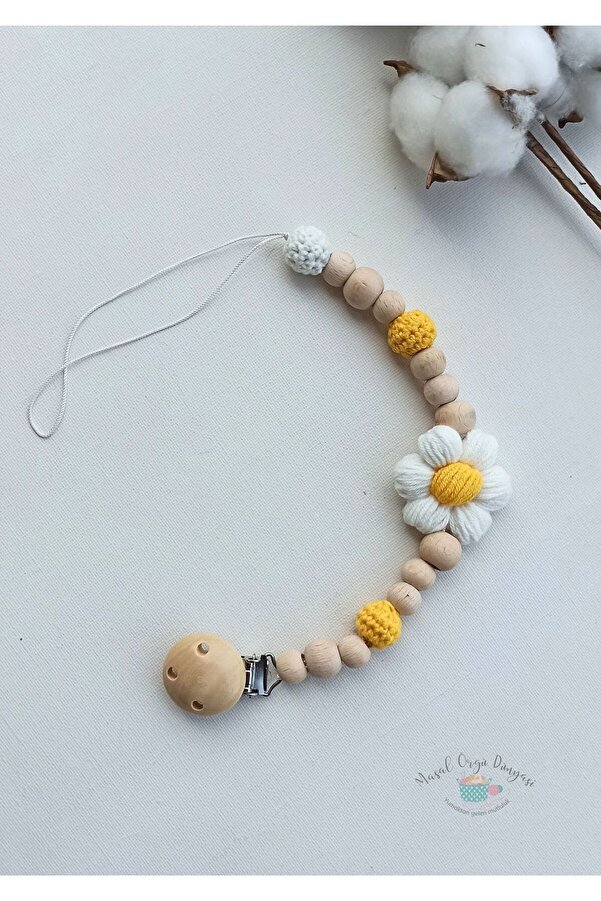 Masal Örgü Dünyası Papatyalı Boncuklu Emzik Zinciri / Askısı Doğal Amigurumi İplerinden