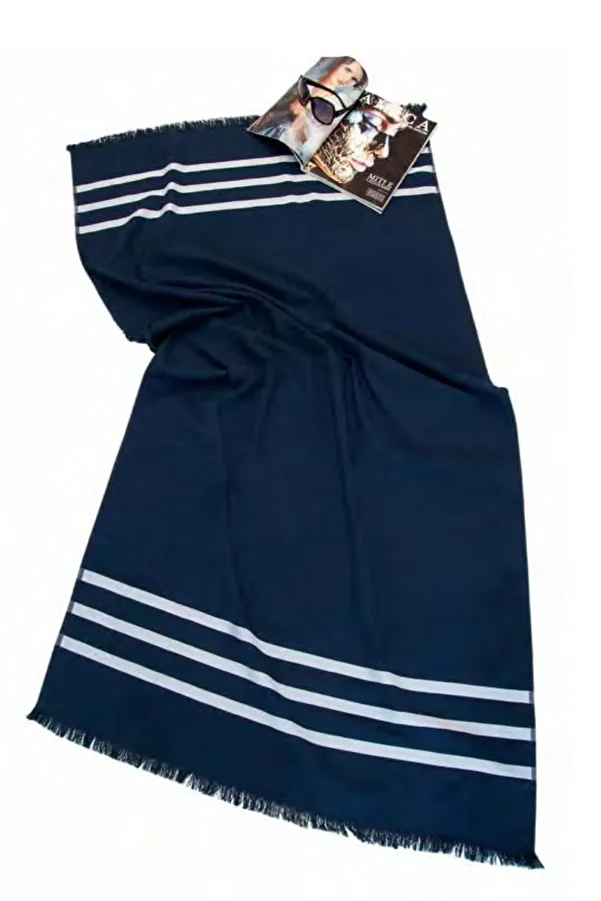 Lucy and Home-Πετσέτα θαλάσσης Navy Blue 100x200cm με λεπτομέρεια ρίγας με κρόσσια 1