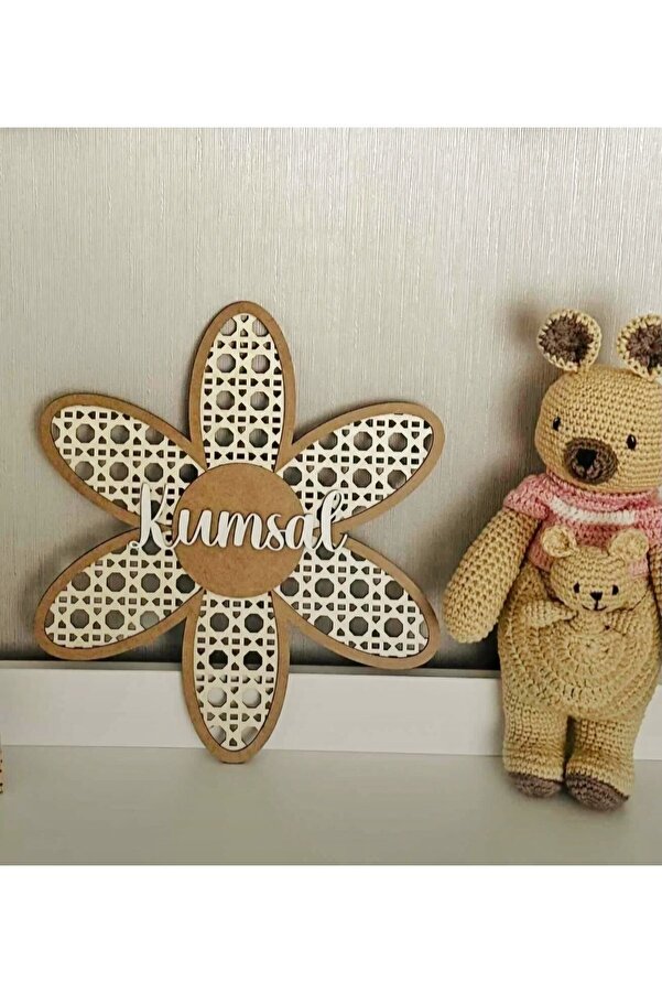 esamore concept Ahşap Rattan Efektli Bebek Çocuk Odası Tablosu,büyük Bohem Papatya Isimli Tablo, Isim Panosu