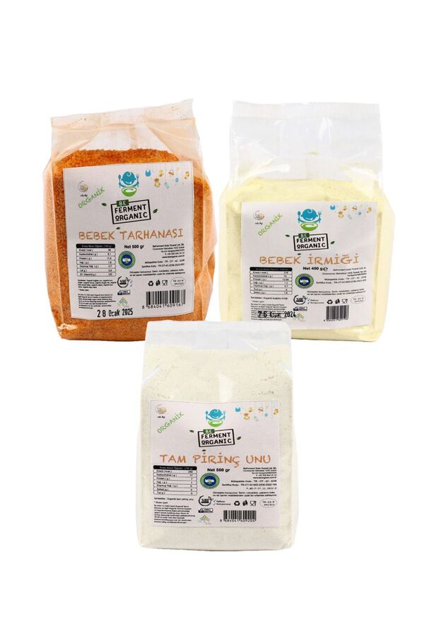 BEORGANİC Organik 3’lü Gıda Seti Bebek Tarhanası 500g Bebek Irmiği 400 G Tam Pirinç Unu 500 G
