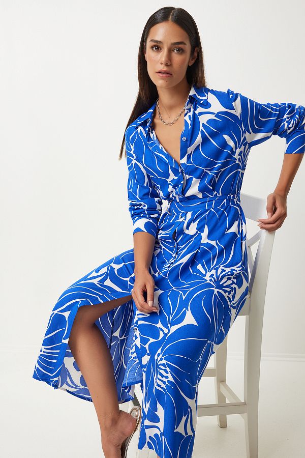 Happiness İstanbul-Blau-weißes Viskose-Hemdkleid – mit Gürtel, FN03204 1