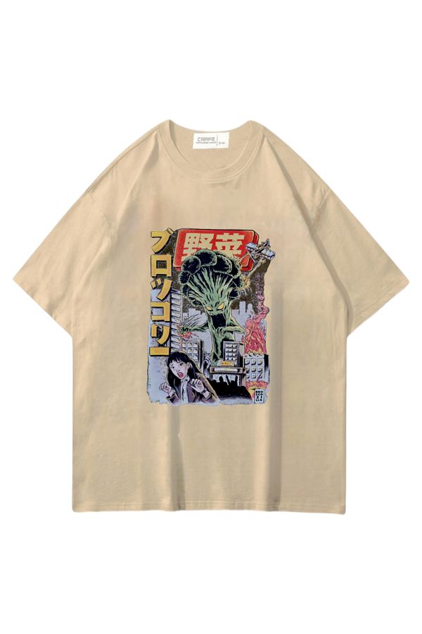 Carpe Broccoli Patterned Cream Oversize T shirt Trendyol