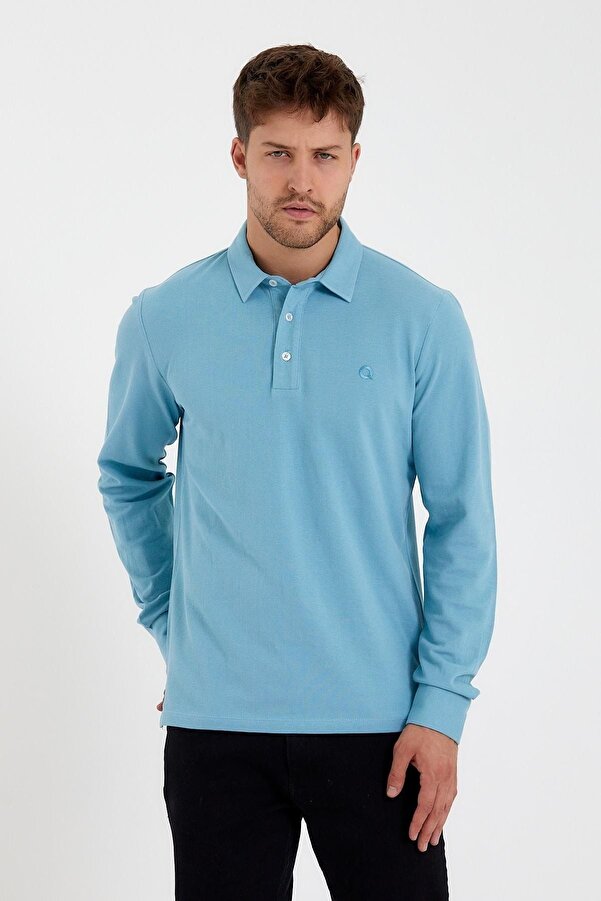 ENQUE Men's Polo Neck Comfort Long Sleeve Basic Turquoise T-Shirt