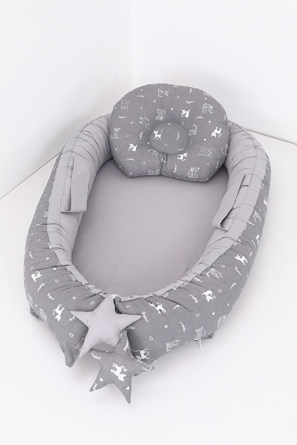 Umaybebek Babynest, Bebek Uyku Yatağı 0-2 Yaş - Gri Kedi Desen