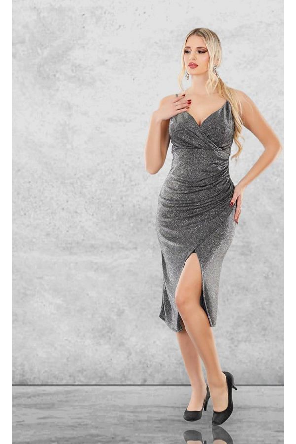 ZY BUT K Black Gray Glitter Midi Evening Dress Rope Strap and Front Slit Dress Trendyol