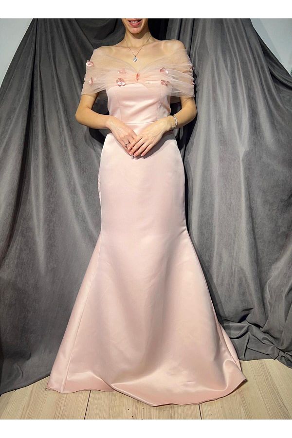 SEASONS BUT K White Satin Evening Dress Tulle Flower Detailed Boat Neck and Tail Fish Cut Trendyol