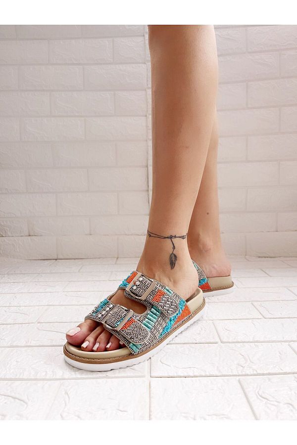 goodbye-Marrakech Silver Blue Orange Stone Genuine Leather Slippers 1