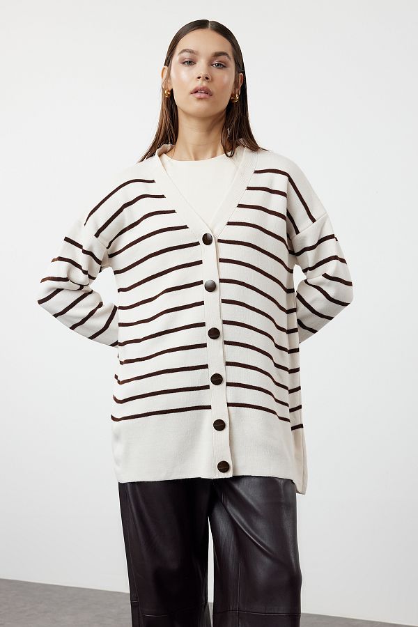 Trendyol Modest-Πέτρινη ριγέ καφέ πλεκτή ζακέτα - TCTAW24TH00012 1