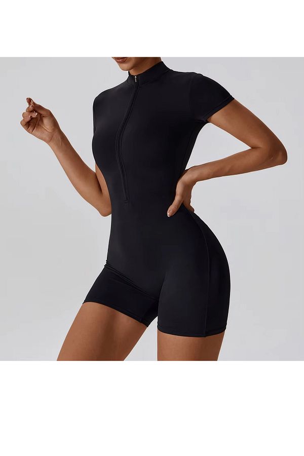 SWAT Black Swimming Jumpsuit Zipper Detail Short Sleeve and Shorts Swimsuit Trendyol