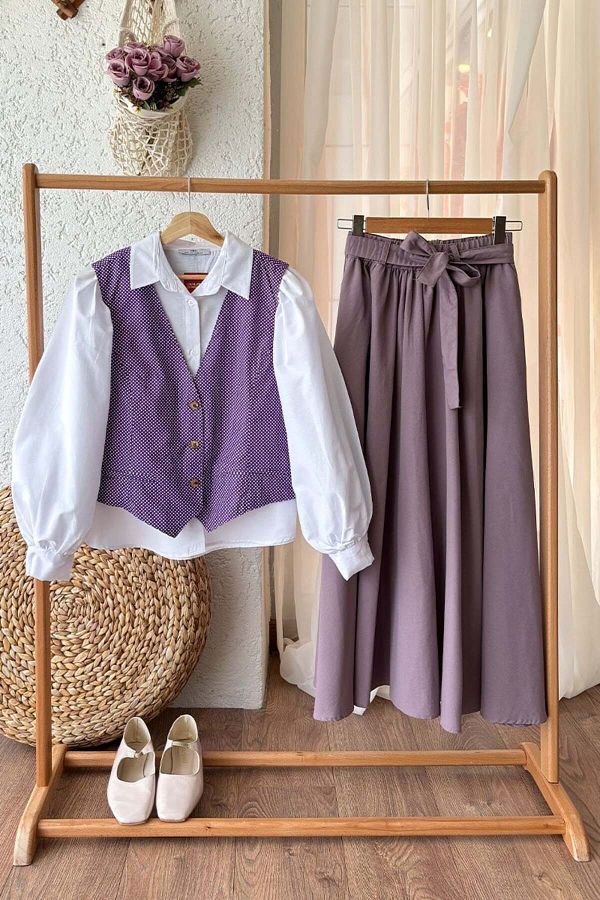ceylan otantik Soft Purple Polka Dot Vest and Balloon Skirt Set Trendyol