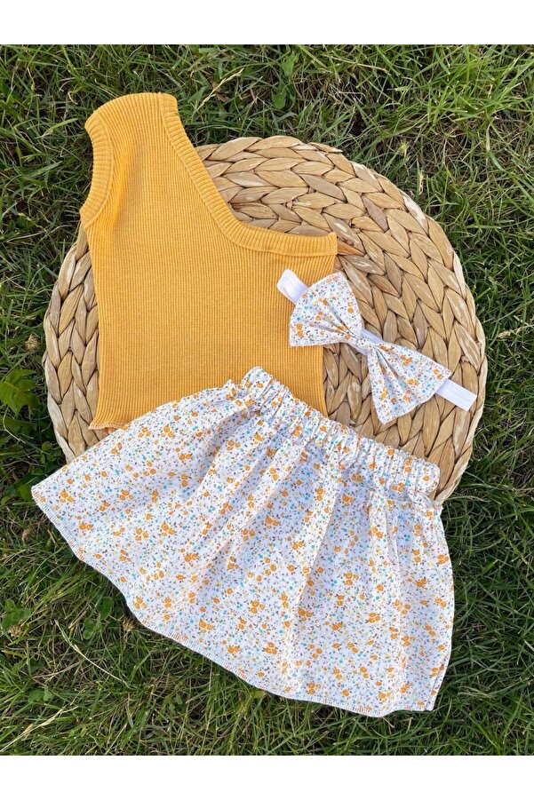 AKİF GİYİM SARI ŞORTLU ETEK KROP BANDANA TAKIMI 3 LÜ SET