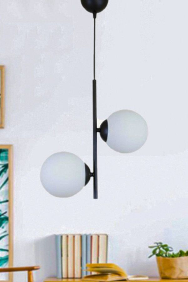 Fer Avize-Vitaly Modern Sports White Globe Glass Black Living Room - Kitchen - Bedroom 2-Piece Chandelier 1