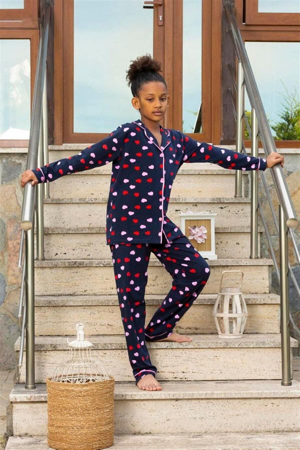 vitmo Girl s Long Sleeve Buttoned Pajama Set Red Heart Navy Blue Trendyol