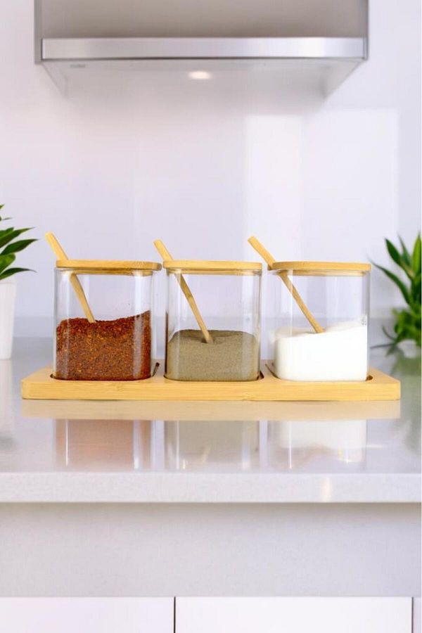 Digithome-Borosilicate Thin Glass and Wooden 3-Piece Jar Set with Stand - Brown F/3 1