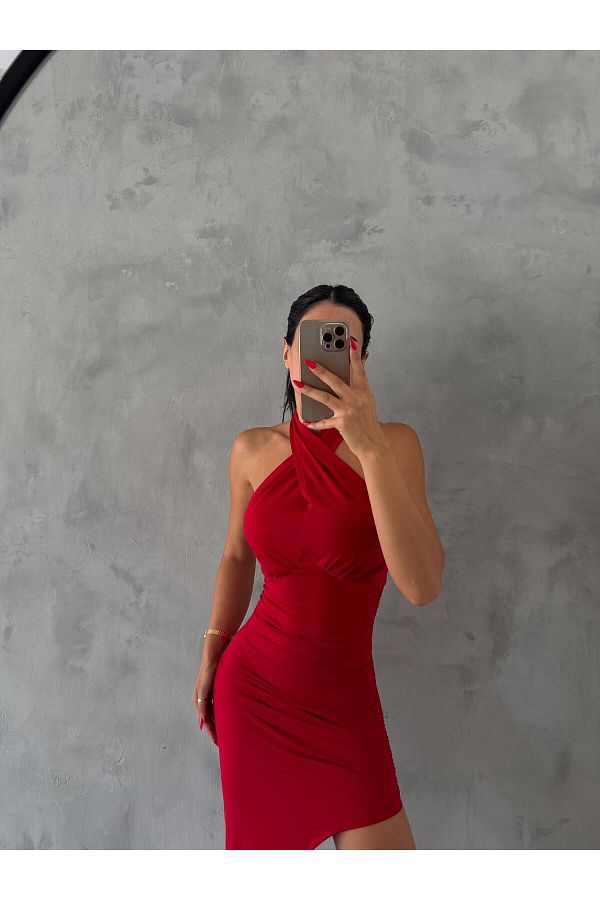 aytenli Sandy Halter Asymmetrical Side Drawstring Long Dress Trendyol