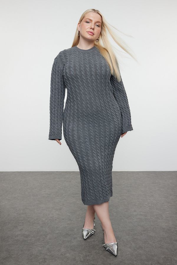 Trendyol Curve-Midi Length Anthracite Knitwear Dress - Hair Braided TBBAW25AH00002 1