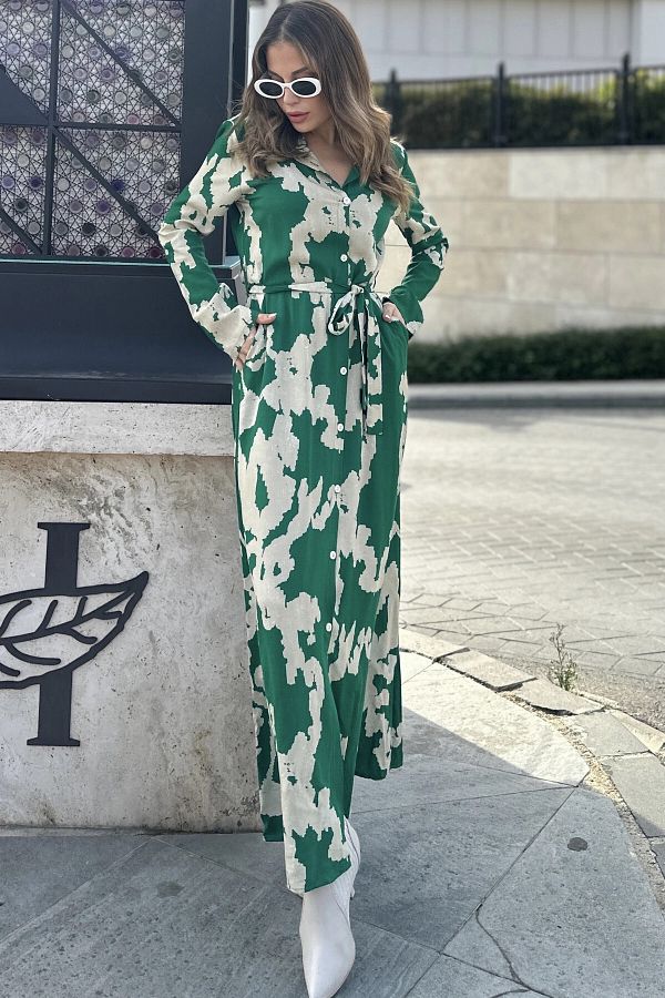 New Laviva Women s Green Beige Long Sleeve Belted Slit Long Viscose Shirt Dress Narrow Fit Trendyol