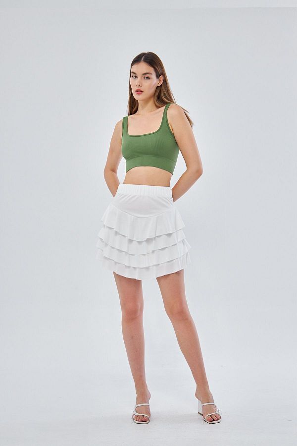 Penyelux Mykonos Women s Mini Skirt 4 Layer Pleated and Ruffled High Waist Light White SIZE 39 42CM Trendyol