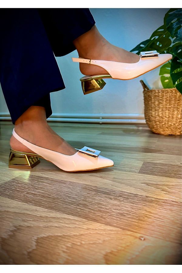 PACSHE Women s White Patent Leather Buckle Pointed Toe Short Block Heels Trendyol