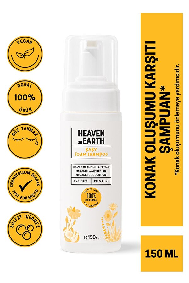 Heaven on Earth Konak Önleyici Bebek Köpük Şampuanı %100 Doğal Organik Papatya Lavanta Parabensiz Vegan