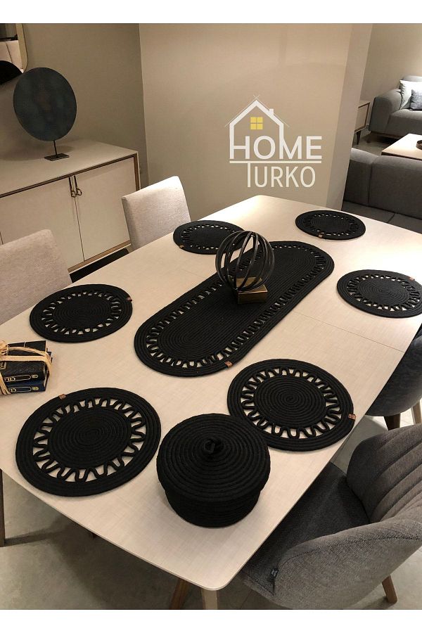 HomeTurko-Farfurii de 6 bucăți, Alergăr 1 bucată, Set de coș 1 bucată, farfurie de iută, pat de loc, suport de farfurie, coș de pâine 1